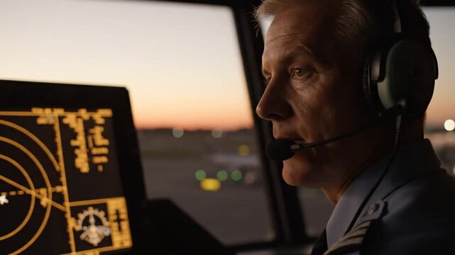 A pilot monitoring flight instruments in a cockpit during sunset, with an airport runway visible in the background, showcasing the precision of aviation technology