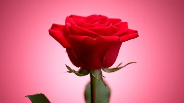 single red rose on a pink background, studio shot of a beautiful blossom, flower for romance and love