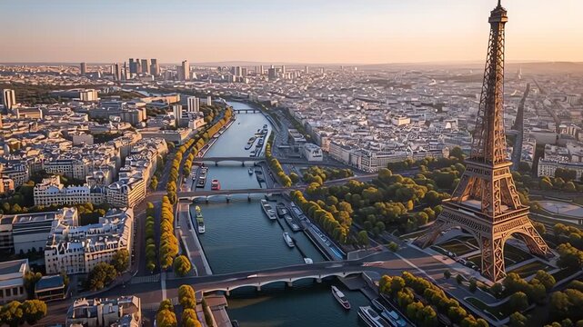Paris Skyline Eiffel Tower and Seine River at Sunset Aerial View