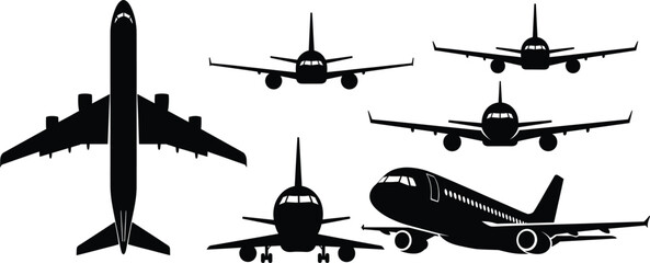 Passenger airplane silhouette icons vector top front and perspective views © Md