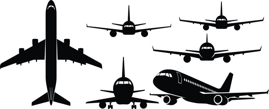 Passenger airplane silhouette icons vector top front and perspective views