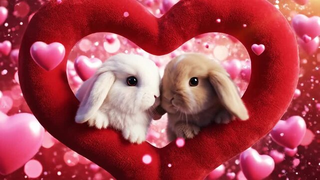 Adorable Valentine's Day romance. Two fluffy baby bunnies framed inside a plush red heart. Perfect for holiday promotions, greeting cards, or romantic advertising campaigns.
