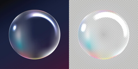 Realistic soap bubble with reflections on dark and transparent backgrounds vector graphic element