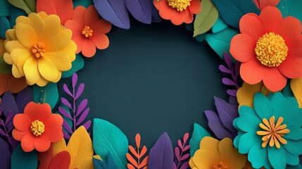 Paper Flower Circle Frame &ndash; Vibrant Craft-Inspired Design. Circular Paper Flower Frame with Dark Center