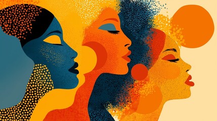 Three Stylized Female Profiles with Abstract Background. Radiant Reflections &ndash; Abstract Women in Color Harmony