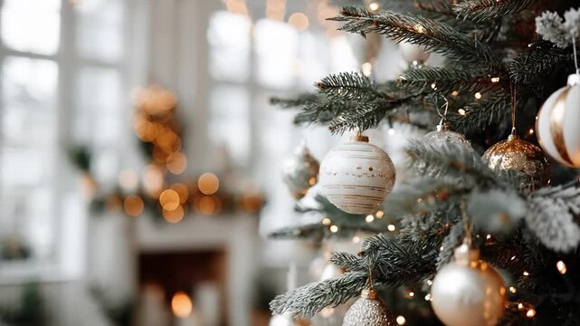 Cozy living room scene with elegantly decorated Christmas tree adorned with warm golden lights and ornaments on wooden floor near frosty window, gifts below, soft bokeh string lights evoking holiday m
