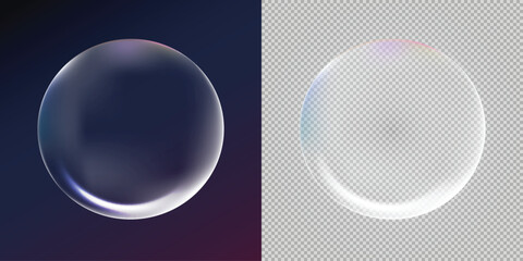 Realistic soap bubble isolated on transparent background with colorful iridescent reflection effect for creative web design