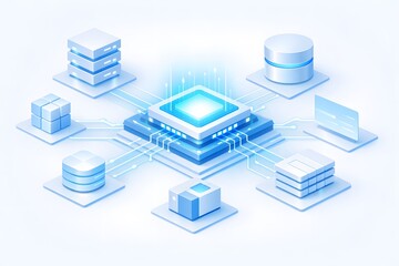 Obraz premium Central AI processor connecting to multiple data storage and server units in a digital network, for advanced processing