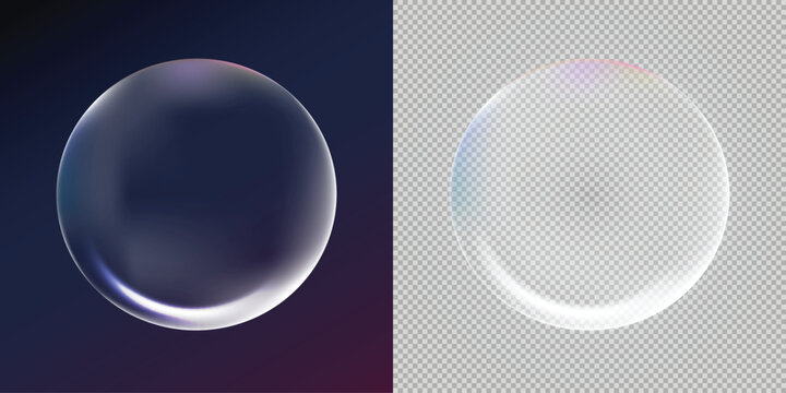 Realistic soap bubble isolated on transparent background with colorful iridescent reflection effect for creative web design