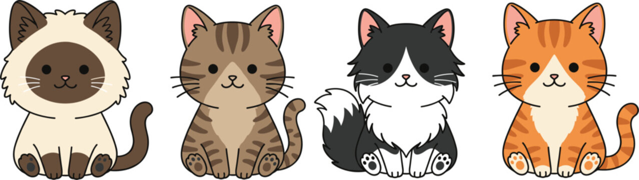 Adorable chibi cartoon cats sitting vector illustration diverse breeds