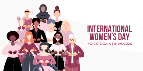 International Women's Day Banner, Poster. Give to Gain Campaign. Group of women in different ethnicity, age, body type, abilities, hair color and more. Vector illustration in flat style.	