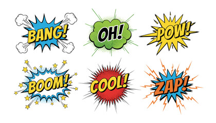 Comic book style explosion words and phrases displayed on a white background in kDBkc format © jason