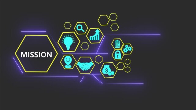 Mission technology concept with digital business icons animation. Natural language processing interface with AI data visualization