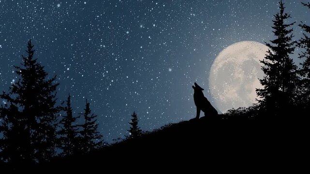 Wolf Howling at Full Moon Silhouette Night Sky