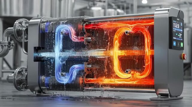 Medium shot of a highefficiency plate heat exchanger in action showcasing condenser heat being transferred to preheat mash water with precision engineering and streamlined design.