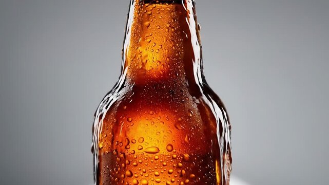 Condensation droplets on chilled amber beer bottle with brown cap against soft gray gradient background, capturing refreshing coolness, bubbles, and premium beverage texture for advertising and lifest