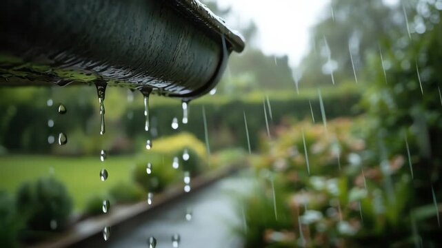 Rain Drops Dripping from Roof Gutter into Lush Green Garden