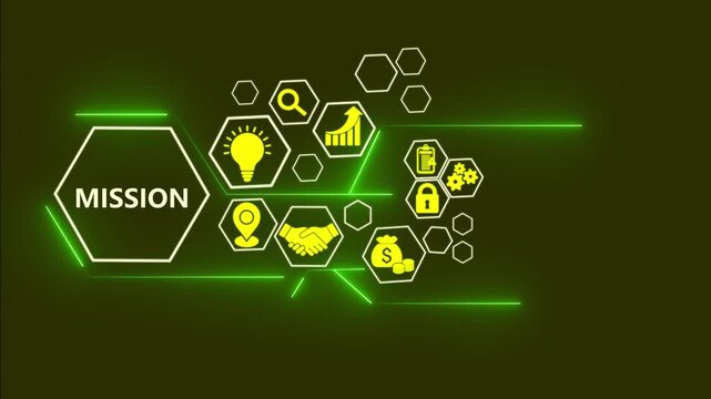 Mission technology concept with digital business icons animation. Natural language processing interface with AI data visualization