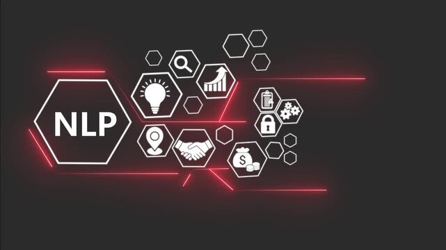 NLP technology concept with digital business icons animation. Natural language processing interface with AI data visualization
