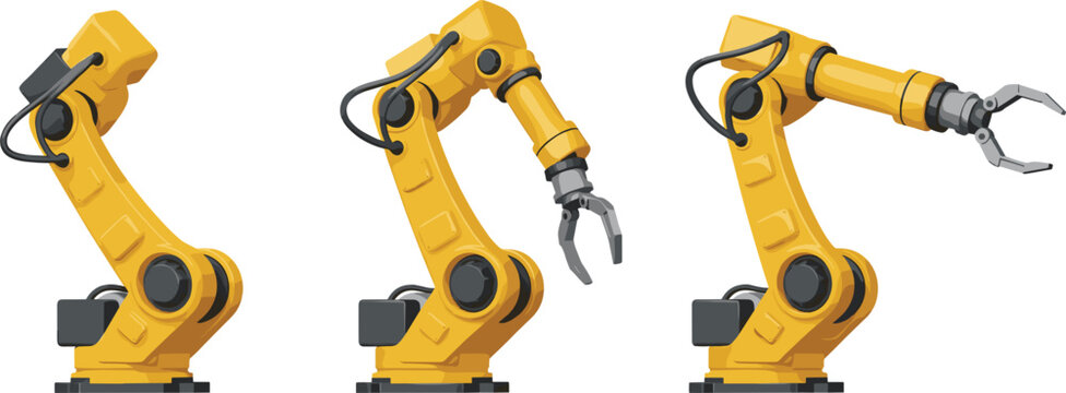 Yellow robotic arm movement sequence industrial manipulator 3D vector illustration