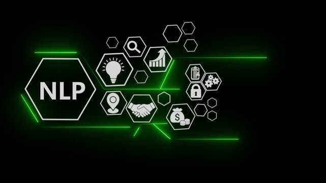 NLP technology concept with digital business icons animation. Natural language processing interface with AI data visualization