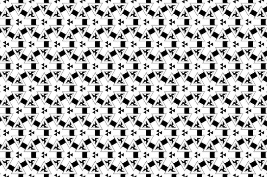A black and white patterned background with triangles and squares