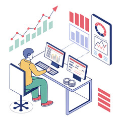 A person analyzing business growth and financial data on multiple screens in a modern digital workspace.