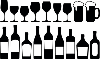 Collection of black silhouette drink glasses and bottles with foamy beer mugs isolated on white