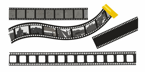 Fototapeta premium Film strip with images of a city and secured with tape