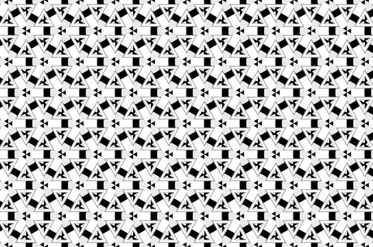A black and white patterned design with triangles and squares background