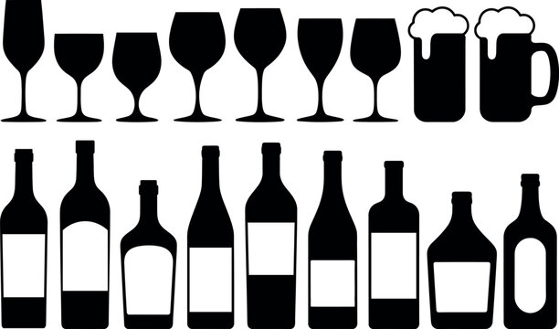Collection of black silhouette drink glasses and bottles with foamy beer mugs isolated on white
