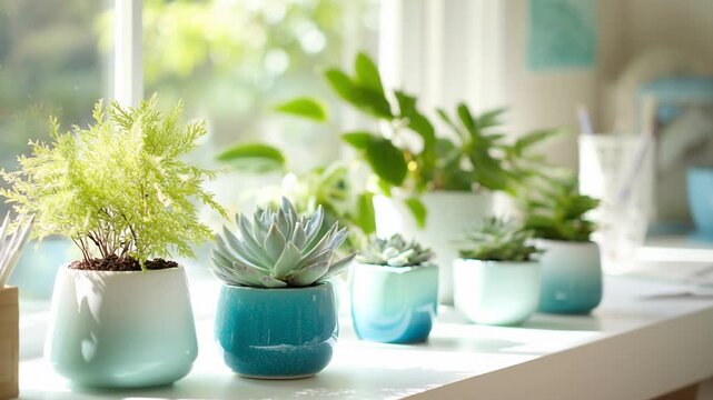 Vibrant assortment of succulents and ferns in gradient blue ceramic pots lines sunlit windowsill desk. Natural light filters through, highlighting lush greenery and office decor