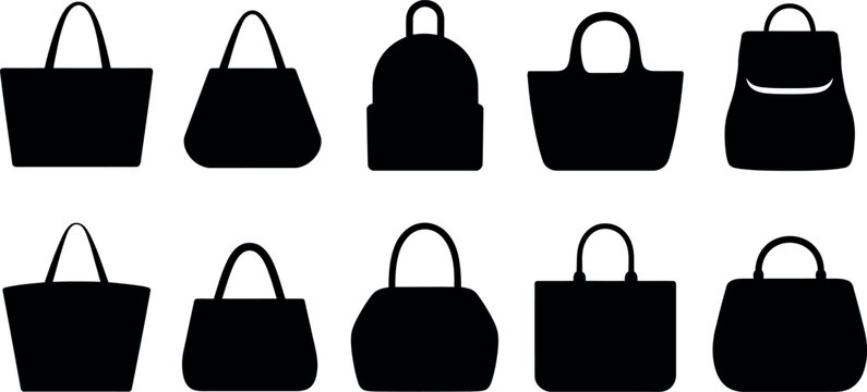 Collection of black silhouette icons representing various types of handbags and bags for fashion and everyday use