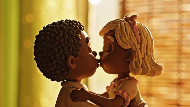 Adorable stop motion scene of diverse clay figures sharing a tender kiss, symbolizing young love and affection for animation projects.