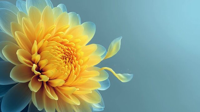 Stunning yellow dahlia flower with layered translucent petals glows against soft blue gradient background. Close-up macro highlights intricate details and ethereal bokeh lighting