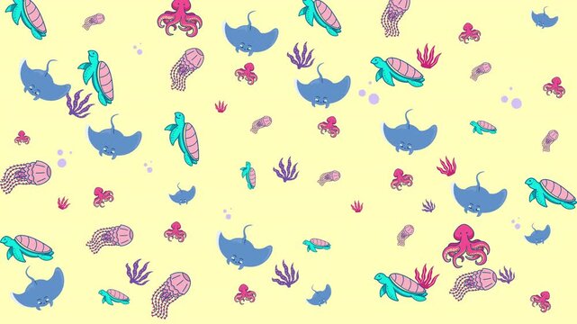 Pattern of sea creatures and plants, perfect for childrens book illustrations, posters, or educational materials. Ideal for marinethemed designs.