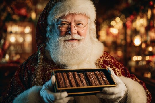 Santa Claus holding Huesos de Santo, traditional bone shaped pastry, creating festive spirit. Concept of festive Spanish treats, holiday celebrations, warmth, joy.