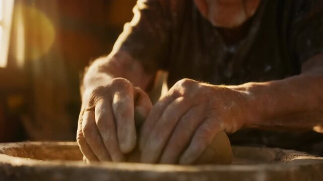 A man shapes clay on a pottery wheel in a workshop environment.
