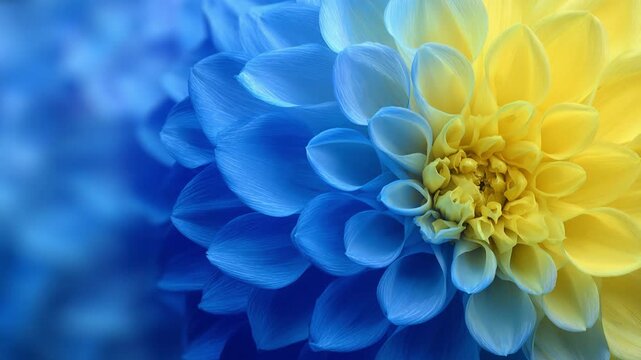 Stunning yellow dahlia flower with layered translucent petals glows against soft blue gradient background. Close-up macro highlights intricate details and ethereal bokeh lighting