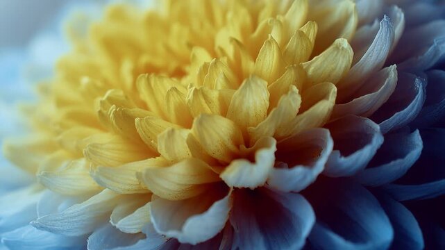 Stunning yellow dahlia flower with layered translucent petals glows against soft blue gradient background. Close-up macro highlights intricate details and ethereal bokeh lighting