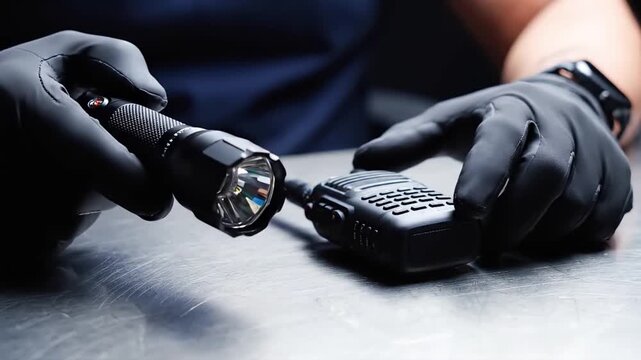 Professional hands in black gloves inspecting a tactical flashlight and a two-way radio, showcasing essential safety and communication equipment