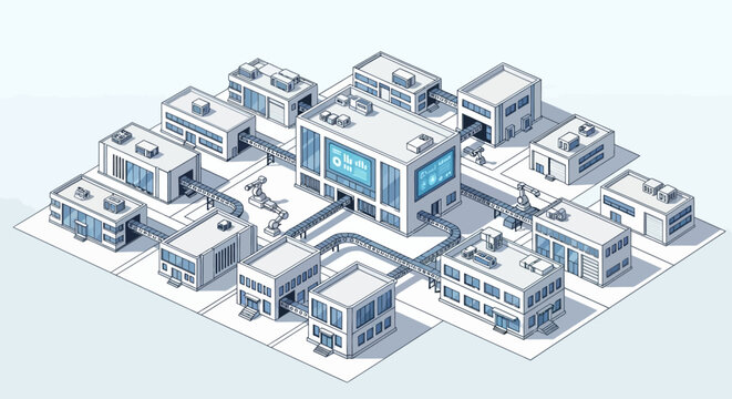 Isometric illustration of a modern smart factory with interconnected buildings and automated systems.