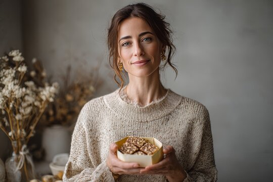 Woman with light skin, brown hair, warm smile holding Huesos de Santo, bone-shaped pastry. Concept of celebration, festive atmosphere, Spanish delicacy on display.