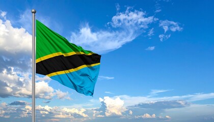 Tanzania flag waving on white pole against blue sky with clouds, diagonal black band with yellow borders, green and blue triangles.