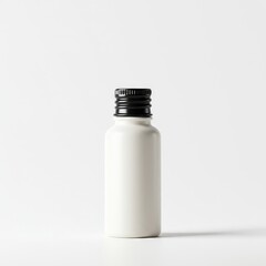 A small, minimalist product bottle with a closed cap standing upright, digitally isolated on a clean white background for presentation ,bottle ,storage ,preparation