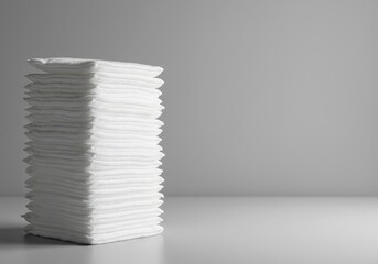 A tall, neatly arranged pile of white absorbent hygiene products stacked on a clean, solid background, essential for infant care ,clean ,hygiene ,pattern