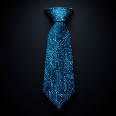 A symbolic business necktie rendered with glowing blue circuit board patterns representing modern technology and career connectivity ,electronic ,technology ,glowing