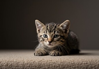 A tiny, adorable domestic shorthair kitten with striped fur resting calmly on a soft surface, displaying innocence and curiosity ,whisker ,curious ,purity