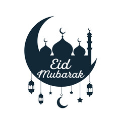 Eid Mubarak greeting card with mosque silhouette and crescent moon on white background