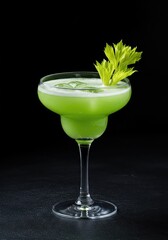 A unique herbaceous celery sour cocktail served in a stylish glass, featuring a vibrant green hue and fresh vegetable garnish ,sour ,vibrant ,modern